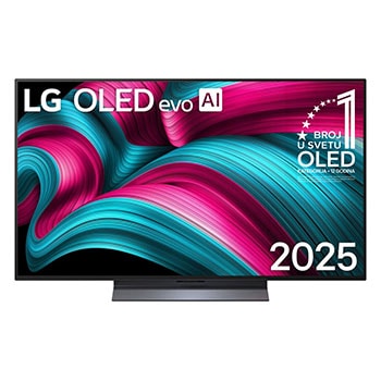 Prikaz sa prednje strane LG OLED evo AI C5 4K pametnog televizora. 12 godina na 1. mestu u svetu, OLED amblem i logotip LG OLED evo AI 2025 su na ekranu.1