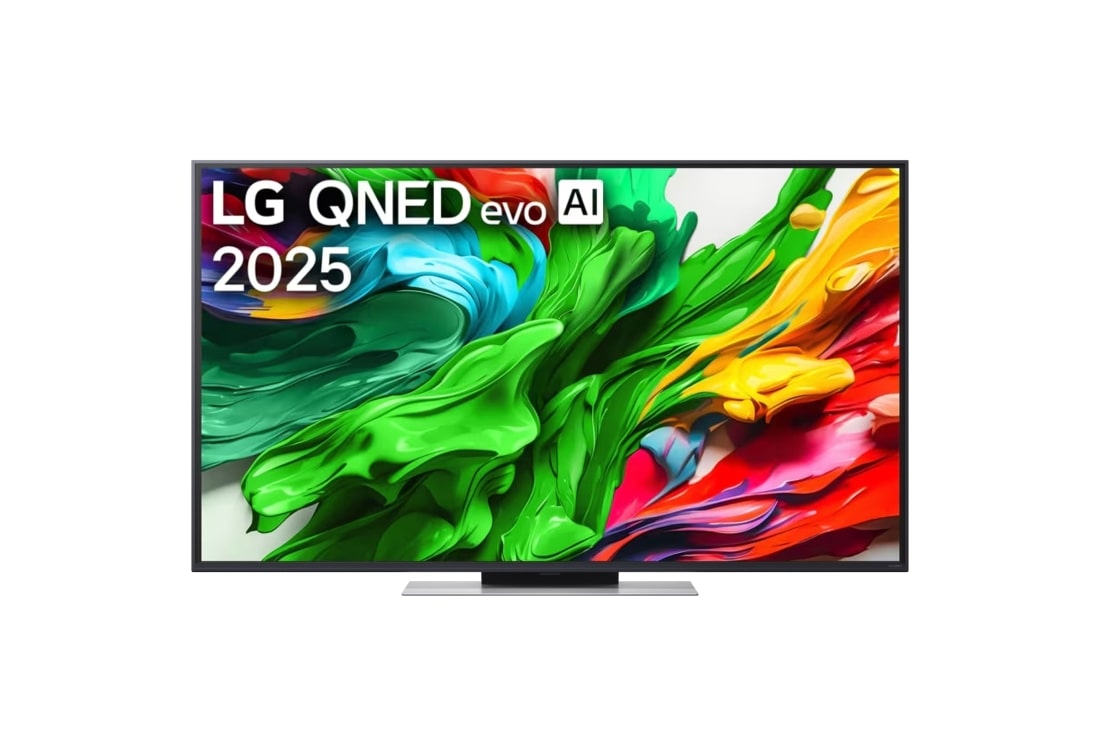 LG 55-inčni LG QNED evo AI QNED87 4K Smart televizor 2025, Prikaz sa prednje strane LG QNED evo TV-a, sa logotipom LG QNED evo Al u gornjem središnjem delu. LG QNED evo TV prikazuje šarene teksture poput boja koje se spajaju., 55QNED87A3B