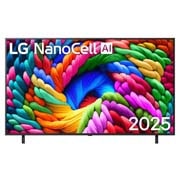 LG 65-inčni LG NanoCell AI NANO90 4K pametni televizor 2025, Prikaz sa prednje strane NanoCell TV-a, sa LG NanoCell Al logotipom u gornjem uglu. LG NanoCell TV prikazuje šarene teksture poput boja koje se spajaju., 65NANO90A3B, thumbnail 1