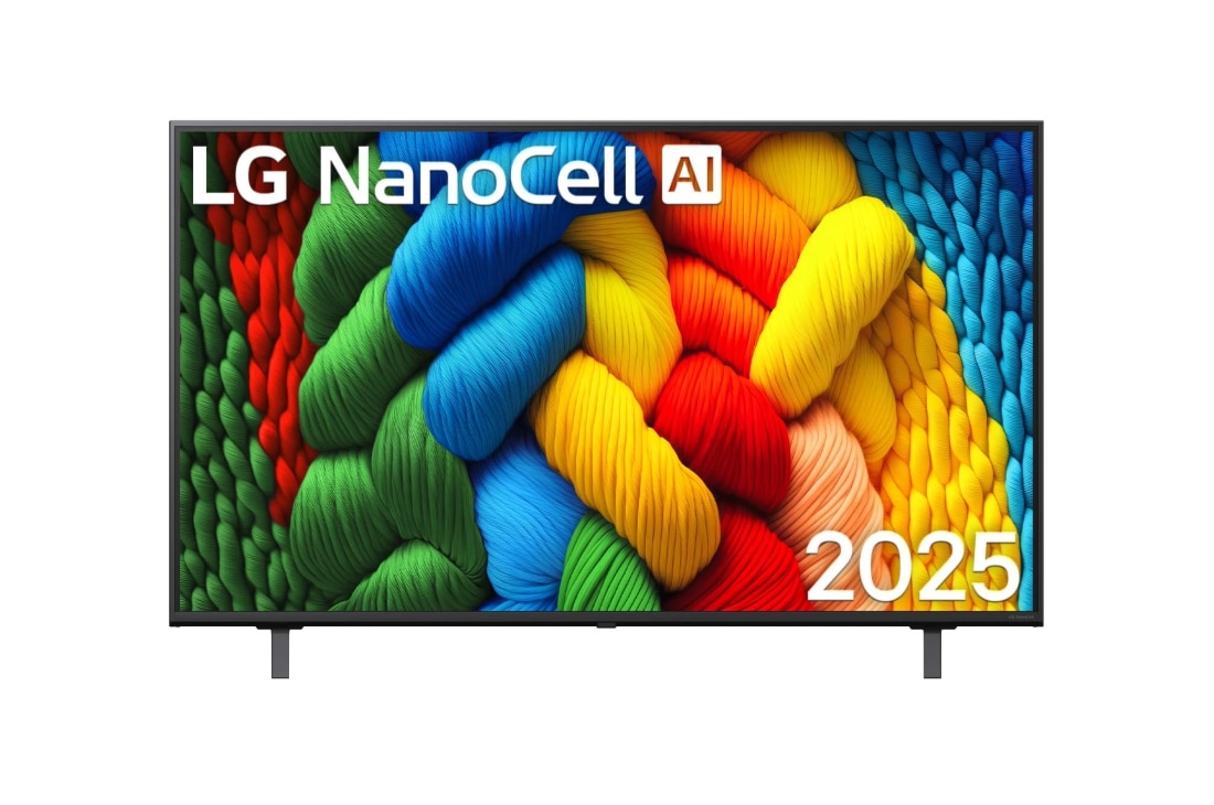 LG 50 -inčni LG NanoCell AI NANO80 4K pametni televizor 2025, Prikaz sa prednje strane NanoCell TV-a, sa LG NanoCell Al logotipom u gornjem uglu. LG NanoCell TV prikazuje šarene teksture poput boja koje se spajaju., 50NANO80A3B