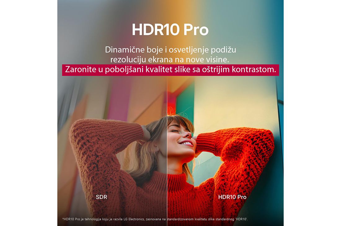 LG 86-inčni LG UHD AI UA75 4K pametni televizor 2025, Fotografija devojke u crvenom džemperu podeljena je po sredini i prikazuje levu stranu u tehnologiji SDR, a desnu stranu u tehnologiji HDR10 Pro. Desna strana slike je oštrija i karakteriše je veći ko, 86UA75006LA, thumbnail 7