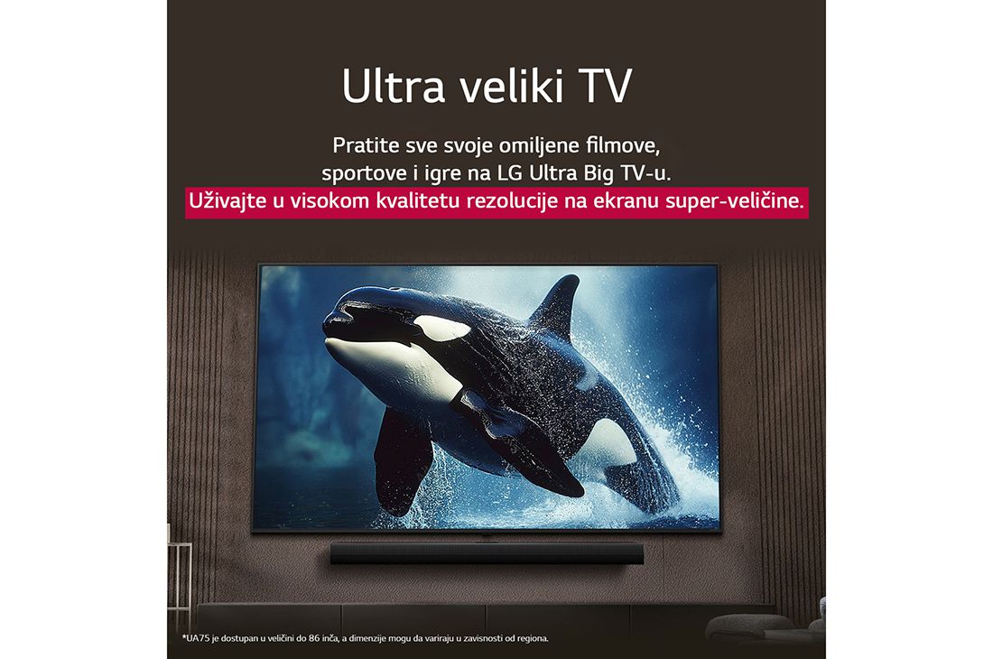 LG 86-inčni LG UHD AI UA75 4K pametni televizor 2025, LG TV sa impresivno velikim ekranom postavljenim na zid iznad LG Soundbar-a u dnevnoj sobi savremenog stila., 86UA75006LA, thumbnail 8