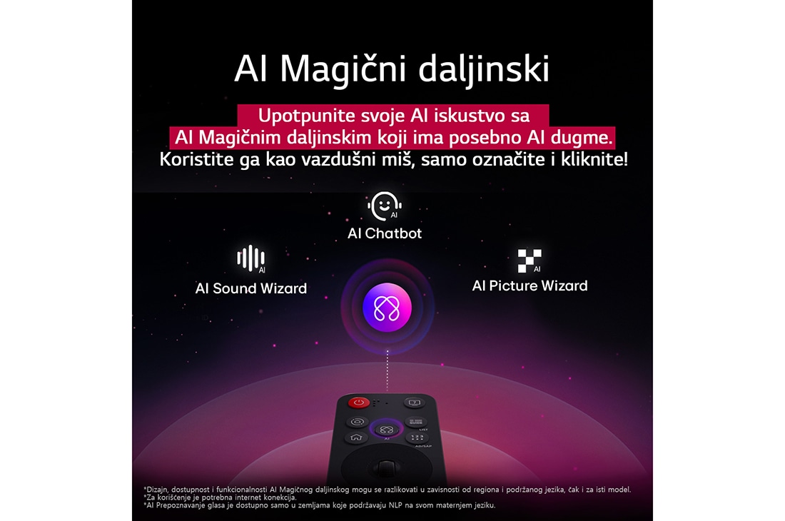 LG 86-inčni LG UHD AI UA75 4K pametni televizor 2025, LG AI Magic Remote je u prvom planu. Ikona AI dugmeta je istaknuta. U pozadini je LG webOS korisnički interfejs. Kursor miša označava da se daljinski upravljač koristi. Tekst objašnjava kako funkcije , 86UA75006LA, thumbnail 9