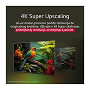 LG 86-inčni LG UHD AI UA75 4K pametni televizor 2025, Poređenje „pre i posle” toga kako LG 4K Super Upscaling poboljšava kvalitet slike. Dva panela prikazuju istu sliku šarene ptice koja sedi na grani u šumi, pri čemu je slika na panelu sa desne bleda. N, 86UA75006LA, thumbnail 6