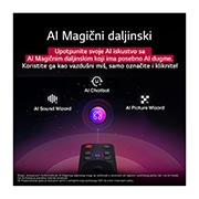 LG 86-inčni LG UHD AI UA75 4K pametni televizor 2025, LG AI Magic Remote je u prvom planu. Ikona AI dugmeta je istaknuta. U pozadini je LG webOS korisnički interfejs. Kursor miša označava da se daljinski upravljač koristi. Tekst objašnjava kako funkcije , 86UA75006LA, thumbnail 9