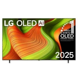 Prikaz sa prednje strane LG OLED AI B5 4K pametnog televizora. 12 godina na 1. mestu u svetu, OLED amblem i logotip LG OLED AI 2025 su na ekranu.2
