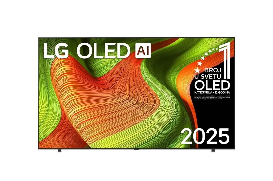 LG 83-inčni LG OLED AI B5 4K pametni televizor 2025, Prikaz sa prednje strane LG OLED AI B5 4K pametnog televizora. 12 godina na 1. mestu u svetu, OLED amblem i logotip LG OLED AI 2025 su na ekranu., OLED83B53LA