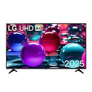 LG 65-inčni LG UHD AI UA73 4K pametni televizor 2025, Prikaz sa prednje strane UHD TV-a, sa logotipom LG UHDl Al u gornjem središnjem delu. LG UHD TV prikazuje šarene teksture poput boja koje se spajaju., 65UA73003LA, thumbnail 1