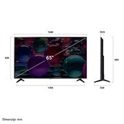 LG 65-inčni LG UHD AI UA73 4K pametni televizor 2025, Prikaz sa prednje i bočne strane LG UHD AI 4K pametnog televizora koji prikazuje njegove dimenzije dužine, širine, visine i dubine., 65UA73003LA, thumbnail 4