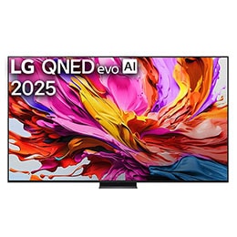 Prikaz sa prednje strane LG QNED evo TV-a, sa logotipom LG QNED evo Al u gornjem središnjem delu. LG QNED evo TV prikazuje šarene teksture poput boja koje se spajaju.2