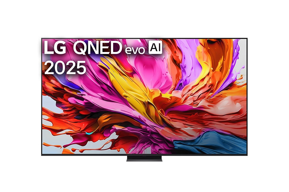 LG 100-inčni LG QNED evo AI QNED86 4K pametni televizor 2025, Prikaz sa prednje strane LG QNED evo TV-a, sa logotipom LG QNED evo Al u gornjem središnjem delu. LG QNED evo TV prikazuje šarene teksture poput boja koje se spajaju., 100QNED86A6