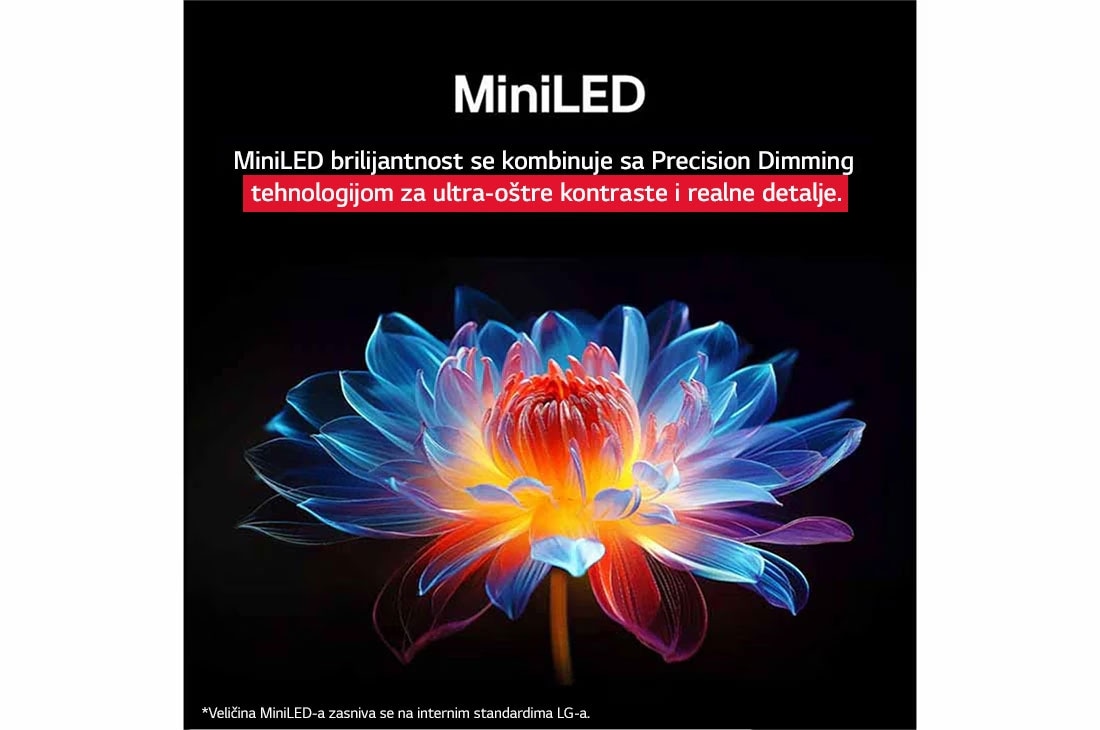 LG 100-inčni LG QNED evo AI QNED86 4K pametni televizor 2025, Položena slika pećine koja gleda ka čistom plavom nebu podeljena je po sredini, pri čemu je jedna polovina slike bleda, dok druga prikazuje oštar kontrast. U donjem levom uglu je mala slika koja prika, 100QNED86A6, thumbnail 8