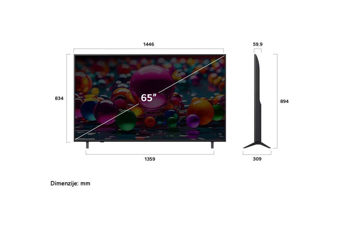 LG 65-inčni LG UHD AI UA74 4K pametni televizor 2025, Prikaz sa prednje i bočne strane LG UHD AI 4K pametnog televizora koji prikazuje njegove dimenzije dužine, širine, visine i dubine., 65UA74003LB, thumbnail 4