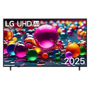 LG 65-inčni LG UHD AI UA74 4K pametni televizor 2025, Prikaz sa prednje strane UHD TV-a, sa logotipom LG UHDl Al u gornjem središnjem delu. LG UHD TV prikazuje šarene teksture poput boja koje se spajaju., 65UA74003LB, thumbnail 1