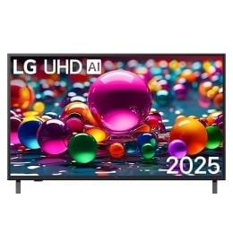 Prikaz sa prednje strane UHD TV-a, sa logotipom LG UHDl Al u gornjem središnjem delu. LG UHD TV prikazuje šarene teksture poput boja koje se spajaju.