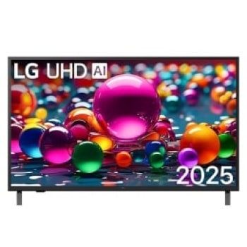 Prikaz sa prednje strane UHD TV-a, sa logotipom LG UHDl Al u gornjem središnjem delu. LG UHD TV prikazuje šarene teksture poput boja koje se spajaju.