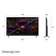 LG 55-inčni LG UHD AI UA75 4K pametni televizor 2025, Prikaz sa prednje i bočne strane LG UHD AI 4K pametnog televizora koji prikazuje njegove dimenzije dužine, širine, visine i dubine., 55UA75003LA, thumbnail 4