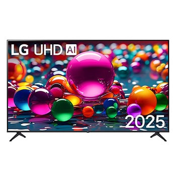 Prikaz sa prednje strane UHD TV-a, sa logotipom LG UHDl Al u gornjem središnjem delu. LG UHD TV prikazuje šarene teksture poput boja koje se spajaju.