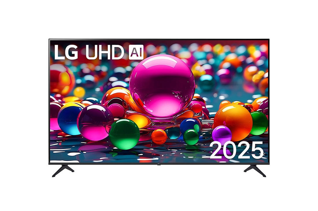 LG 75-inčni LG UHD AI UA75 4K pametni televizor 2025, Prikaz sa prednje strane UHD TV-a, sa logotipom LG UHDl Al u gornjem središnjem delu. LG UHD TV prikazuje šarene teksture poput boja koje se spajaju., 75UA75006LA