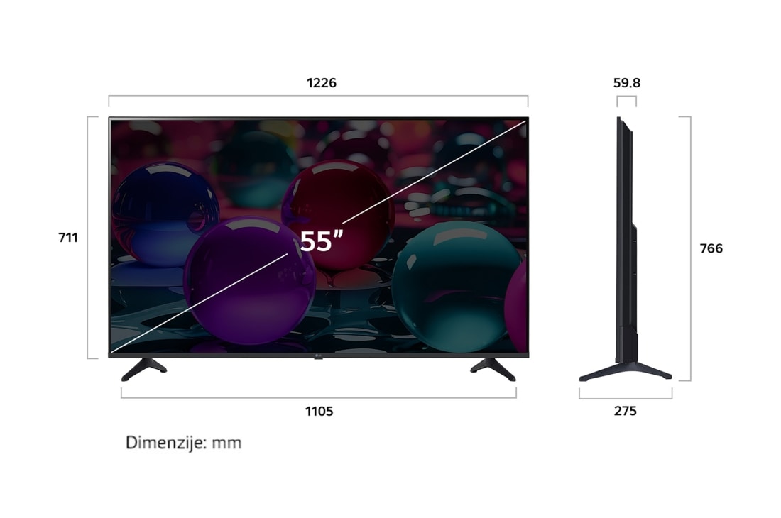 LG 55-inčni LG UHD AI UA73 4K pametni televizor 2025, Prikaz sa prednje i bočne strane LG UHD AI 4K pametnog televizora koji prikazuje njegove dimenzije dužine, širine, visine i dubine., 55UA73003LA, thumbnail 4