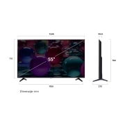 LG 55-inčni LG UHD AI UA73 4K pametni televizor 2025, Prikaz sa prednje i bočne strane LG UHD AI 4K pametnog televizora koji prikazuje njegove dimenzije dužine, širine, visine i dubine., 55UA73003LA, thumbnail 4