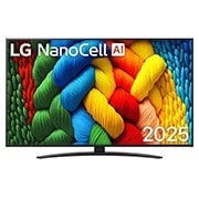LG 50-inčni LG NanoCell AI NANO81 4K pametni televizor 2025, Prikaz sa prednje strane NanoCell TV-a, sa LG NanoCell Al logotipom u gornjem uglu. LG NanoCell TV prikazuje šarene teksture poput boja koje se spajaju., 50NANO81A3A, thumbnail 1