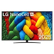 LG 75-inčni LG NanoCell AI NANO81 4K pametni televizor 2025, Prikaz sa prednje strane NanoCell TV-a, sa LG NanoCell Al logotipom u gornjem uglu. LG NanoCell TV prikazuje šarene teksture poput boja koje se spajaju., 75NANO81A3A, thumbnail 1