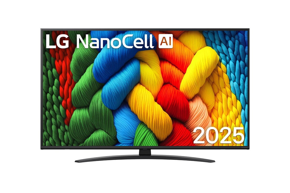 LG 43-inčni LG NanoCell AI NANO81 4K pametni televizor 2025, Prikaz sa prednje strane NanoCell TV-a, sa LG NanoCell Al logotipom u gornjem uglu. LG NanoCell TV prikazuje šarene teksture poput boja koje se spajaju., 43NANO81A3A