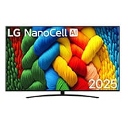 LG 86-inčni LG NanoCell AI NANO81 4K pametni televizor 2025, Prikaz sa prednje strane NanoCell TV-a, sa LG NanoCell Al logotipom u gornjem uglu. LG NanoCell TV prikazuje šarene teksture poput boja koje se spajaju., 86NANO81A3A, thumbnail 1