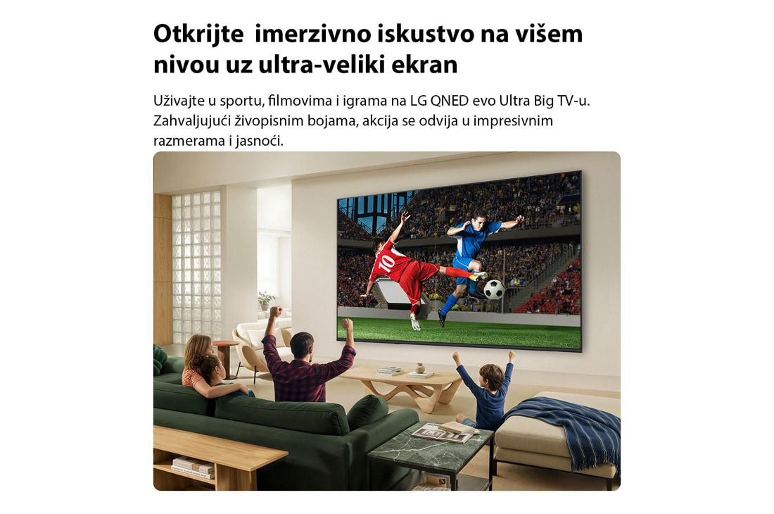 LG 85-inčni LG QNED AI QNED72 Mini LED 4K pametni TV 2026, LG QNED AI QNED70 Mini LED ultraveliki televizor montiran je na zid u svetloj dnevnoj sobi, a na njemu je napeta fudbalska utakmica živih boja i prefinjenog kvaliteta slike na širokom ekranu dok porod, 85QNED72B3A, thumbnail 3