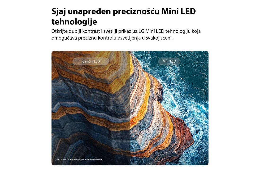 LG 85-inčni LG QNED AI QNED72 Mini LED 4K pametni TV 2026, LG QNED AI QNED70 Mini LED ističe kako njegov Mini LED otkriva oštrije teksture stena i jasnije detalje okeana u odnosu na konvencionalne LED ekrane u sceni podeljene obalne litice, čime se obezbeđuju, 85QNED72B3A, thumbnail 5