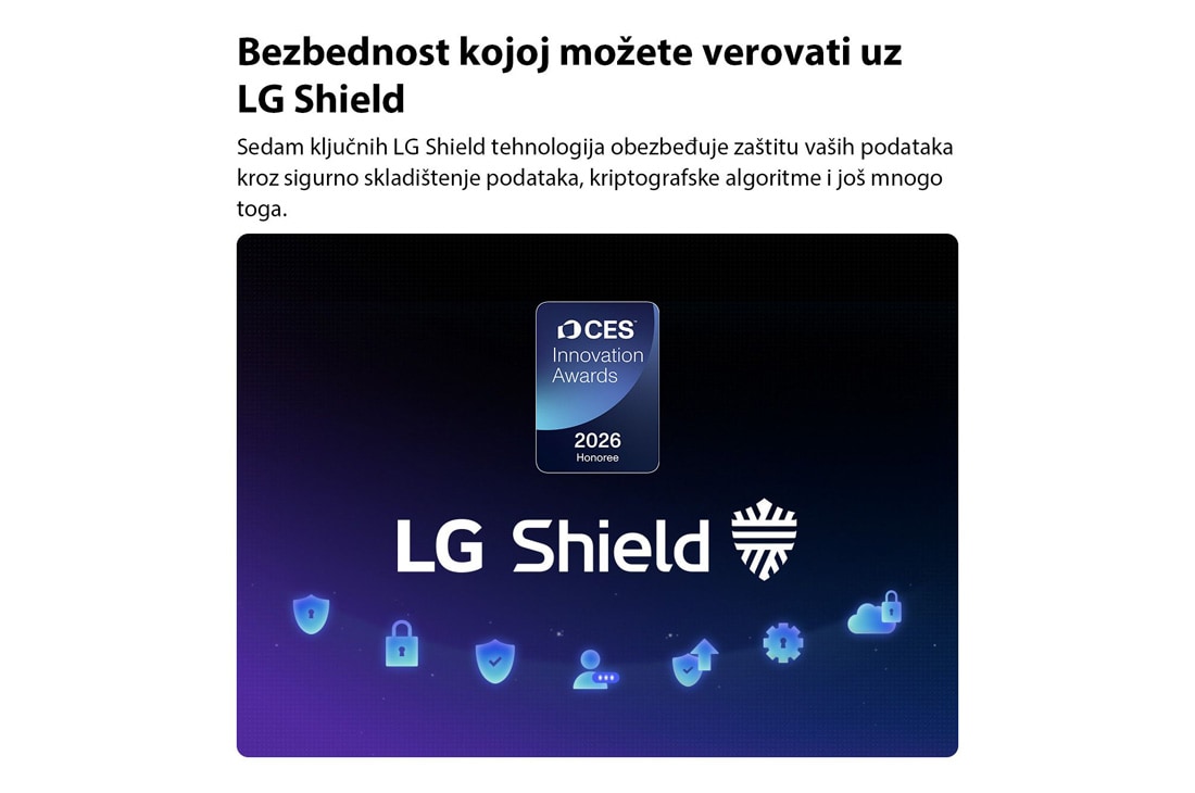 LG 85-inčni LG QNED AI QNED72 Mini LED 4K pametni TV 2026, LG Shield, primenjen na LG QNED AI QNED70 Mini LED, prikazan je s LG Shield logotipom u centru, bezbednosnim ikonama ispod i značkom dobitnika nagrade CES Innovation Awards 2026. iznad, što predstavlj, 85QNED72B3A, thumbnail 8
