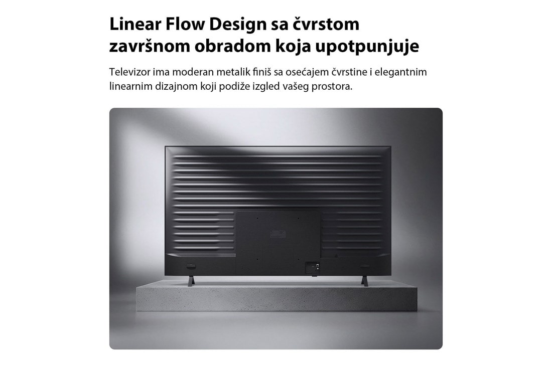 LG 85-inčni LG QNED AI QNED72 Mini LED 4K pametni TV 2026, LG QNED AI QNED70 Mini LED prikazan je sa zadnje strane, čime se otkriva metalni zadnji panel s ravnomerno raspoređenim horizontalnim grebenima koji stvaraju čist, strukturiran izgled i naglašavaju Li, 85QNED72B3A, thumbnail 11