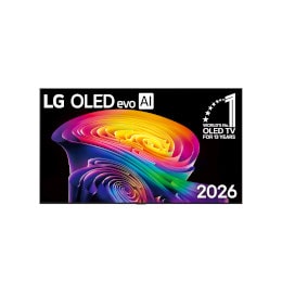 Pogled s prednje strane na LG OLED evo AI C6, objavljen 2026. godine, prikazuje tanak crni okvir, sa živopisno uskovitlanim slojevitim duginim tonovima koji teku preko ekrana.2