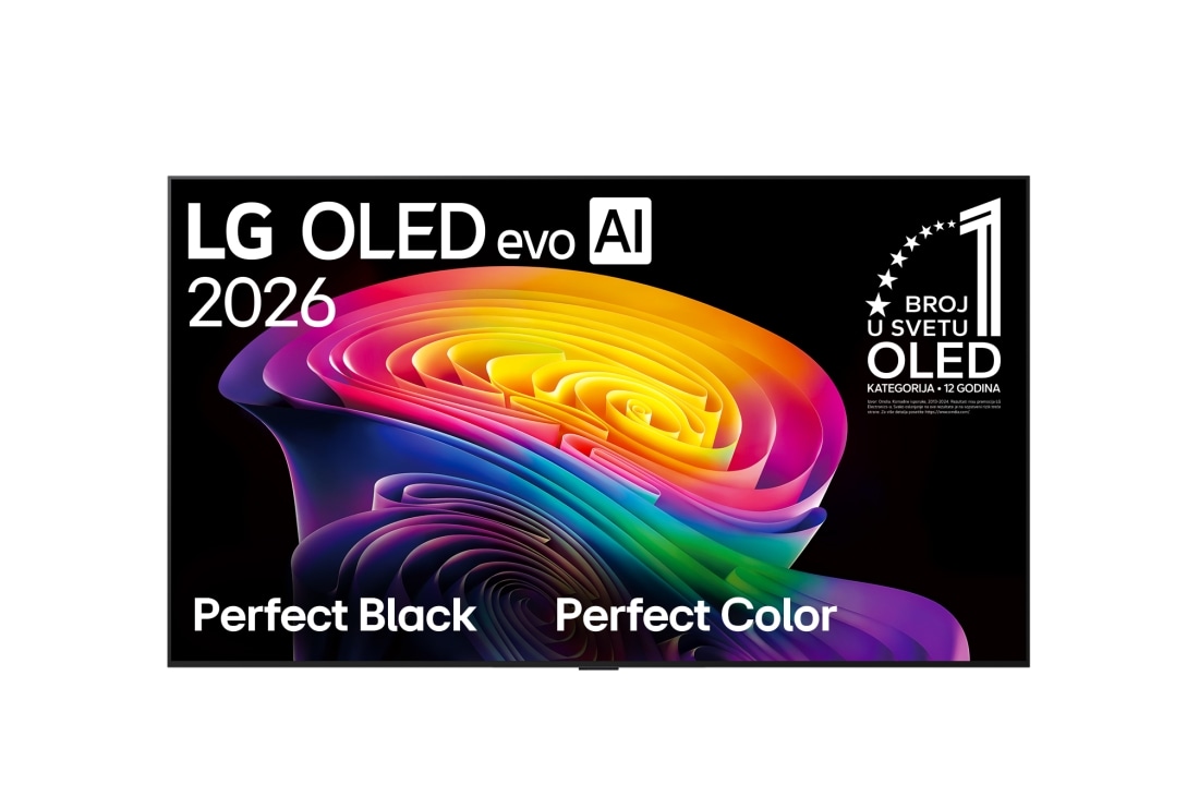 LG 48-inčni LG OLED evo AI C6 4K Smart TV 2026, Pogled s prednje strane na LG OLED evo AI C6, objavljen 2026. godine, prikazuje sliku slojevitih, raznobojnih oblika, s funkcijama Perfect Black i Perfect Color, zajedno sa značkom OLED TV koji je već, OLED48C61LA, thumbnail 2