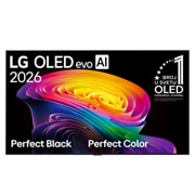 LG 48-inčni LG OLED evo AI C6 4K Smart TV 2026, Pogled s prednje strane na LG OLED evo AI C6, objavljen 2026. godine, prikazuje sliku slojevitih, raznobojnih oblika, s funkcijama Perfect Black i Perfect Color, zajedno sa značkom OLED TV koji je već, OLED48C61LA, thumbnail 2