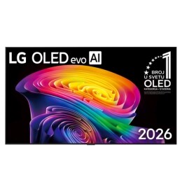 Pogled s prednje strane na LG OLED evo AI C6, objavljen 2026. godine, prikazuje tanak crni okvir, sa živopisno uskovitlanim slojevitim duginim tonovima koji teku preko ekrana.2