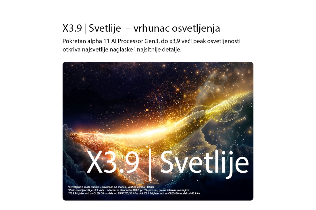 LG 55-inčni LG OLED evo AI G6 4K pametni TV 2026, LG OLED evo AI G6 s tehnologijom Brightness Booster Ultra prikazuje tamnu scenu u kojoj se sjajna bela silueta nalazi usred užarenih čestica, čime se postiže 3,9 puta veća sjajnost s jasnijim detaljim, OLED55G61LW, thumbnail 5