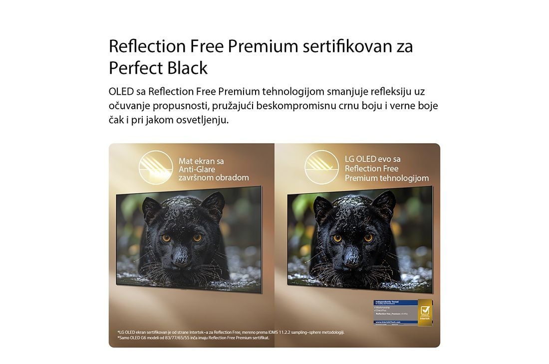 LG 55-inčni LG OLED evo AI G6 4K pametni TV 2026, LG OLED evo AI G6 s Reflection Free Premium sertifikatom na kom se poredi s mat ekranom protiv odsjaja, pri čemu slika crnog jaguara ostaje jasna, s dubokom crnom bojom i finom teksturom, posebno u sv, OLED55G61LW, thumbnail 7