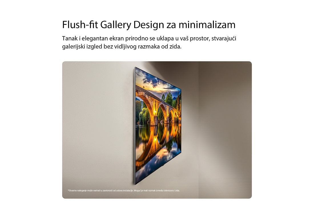 LG 55-inčni LG OLED evo AI G6 4K pametni TV 2026, LG OLED evo AI G6, prikazan sa strane, ističe svoj Flush Fit Gallery dizajn postavljen na zid bez razmaka, a na njemu je noćna scena osvetljenog mosta sa odsjajem na vodi., OLED55G61LW, thumbnail 13