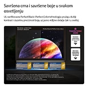 LG 55-inčni LG OLED evo AI G6 4K pametni TV 2026, LG OLED evo AI G6 prikazuje scenu planeta i zvezda na podeljenom ekranu, u kojoj se porede mat ekran protiv odsjaja s tehnologijama Perfect Black i Perfect Color za jasniji kvalitet slike u bilo kojim, OLED55G61LW, thumbnail 6