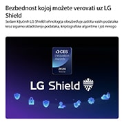 LG 55-inčni LG OLED evo AI G6 4K pametni TV 2026, LG Shield, primenjen na LG OLED evo AI G6, prikazan je s LG Shield logotipom u centru, bezbednosnim ikonama ispod i značkom dobitnika nagrade CES Innovation Awards 2026. iznad, što predstavlja zaštitu, OLED55G61LW, thumbnail 11