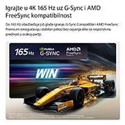 LG 55-inčni LG OLED evo AI G6 4K pametni TV 2026, LG OLED evo AI G6 za nenadmašno igranje u 4K 165Hz prikazuje trkačku igru velike brzine sa žutim automobilom sa otvorenim točkovima u pokretu, podebljanim tekstom „WIN” na ekranu i NVIDIA G-SYNC i AMD, OLED55G61LW, thumbnail 12