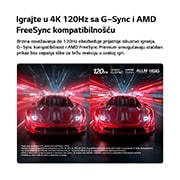 LG 77-inčni LG OLED AI B6E 4K Smart TV 2026, LG OLED AI B6E za izuzetno glatko igranje bez cepanja prikazuje trkačku igru velike brzine, koja sadrži vizuelno poređenje koje naglašava glatko kretanje pri 120 Hz s NVIDIA G-SYNC, AMD FreeSync, ALLM, OLED77B6ELC, thumbnail 9