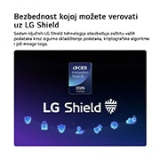 LG 77-inčni LG OLED AI B6E 4K Smart TV 2026, LG Shield, primenjen na LG OLED AI B6E, prikazan je s LG Shield logotipom u centru, bezbednosnim ikonama ispod i značkom dobitnika nagrade CES Innovation Awards 2026. iznad, što predstavlja zaštitu po, OLED77B6ELC, thumbnail 8