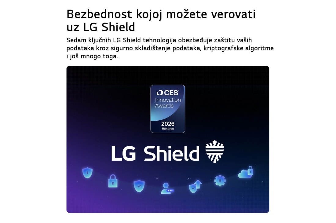LG 77-inčni LG OLED AI B6E 4K Smart TV 2026, LG Shield, primenjen na LG OLED AI B6E, prikazan je s LG Shield logotipom u centru, bezbednosnim ikonama ispod i značkom dobitnika nagrade CES Innovation Awards 2026. iznad, što predstavlja zaštitu po, OLED77B6ELC, thumbnail 8