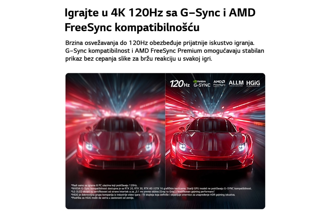 LG 77-inčni LG OLED AI B6E 4K Smart TV 2026, LG OLED AI B6E za izuzetno glatko igranje bez cepanja prikazuje trkačku igru velike brzine, koja sadrži vizuelno poređenje koje naglašava glatko kretanje pri 120 Hz s NVIDIA G-SYNC, AMD FreeSync, ALLM, OLED77B6ELC, thumbnail 9