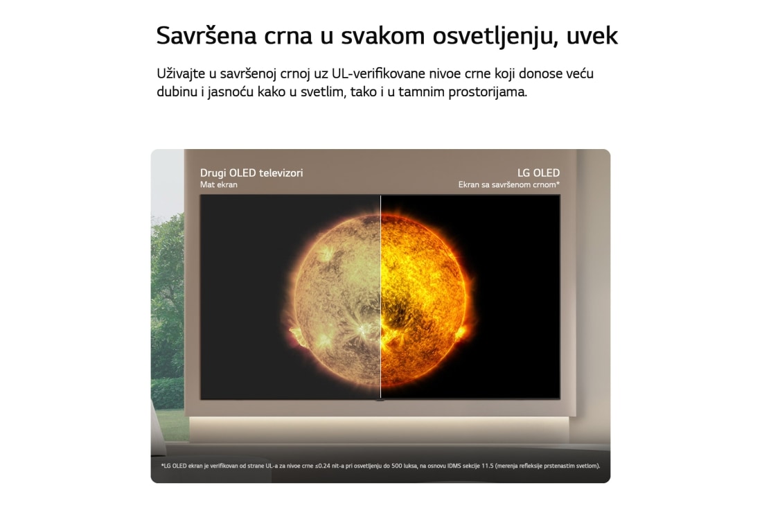 LG 77-inčni LG OLED AI B6E 4K Smart TV 2026, LG OLED AI B6E prikazuje solarni vizuelni element na podeljenom ekranu na kom se porede mat Anti-glare ekran sa Perfect Black ekranom za jasniji kvalitet slike u svim uslovima osvetljenosti, uz podršk, OLED77B6ELC, thumbnail 4