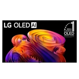 Pogled s prednje strane na LG OLED AI B6E, objavljen 2026. godine, s tankim crnim okvirom, sa živopisnom, skulpturalnom slikom bogato slojevitih, raznobojnih oblika koji ispunjavaju ekran.2
