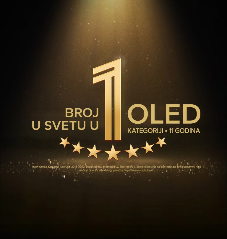 Zlatni amblem OLED televizora koji je već 11 godina broj 1 u svetu, na crnoj pozadini. Svetlo obasjava amblem, a zlatne apstraktne zvezde ispunjavaju prostor.  